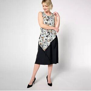 LOGO by Lori Goldstein Petite Mixed Media Printed Dress Gray Mist A635909